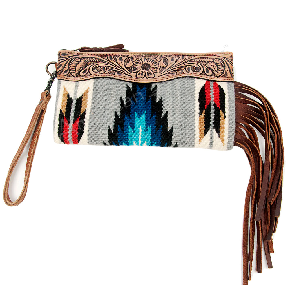 ADBG344 Tooled Leather Wristlet with Southwestern Wool Saddle Blanket & Fringe