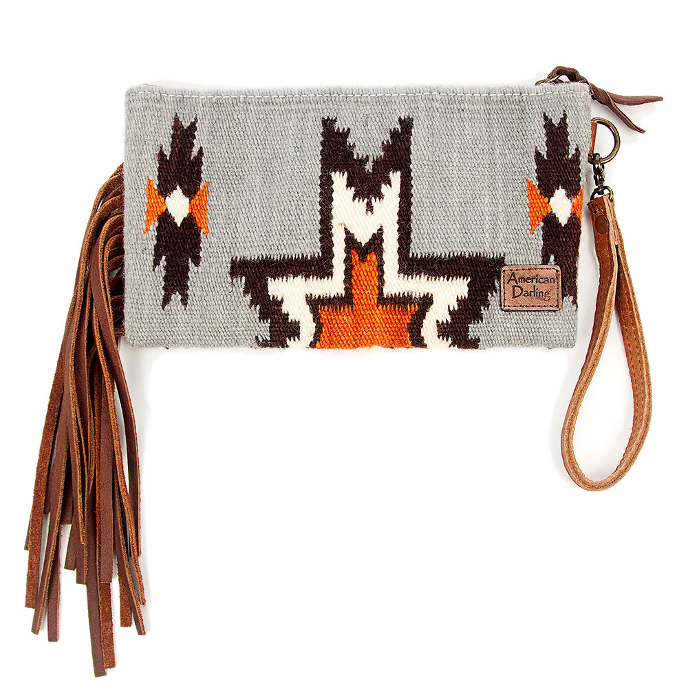 ADBG344 Tooled Leather Wristlet with Southwestern Wool Saddle Blanket & Fringe