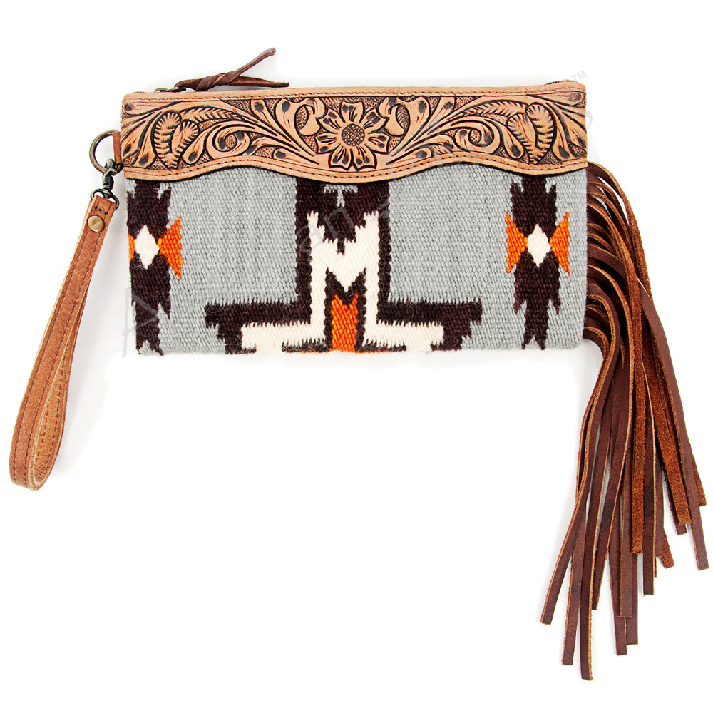 ADBG344 Tooled Leather Wristlet with Southwestern Wool Saddle Blanket & Fringe