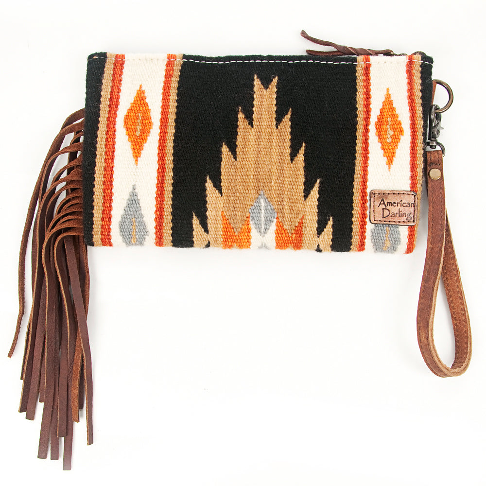 ADBG344 Southwestern Wool Wristlet Clutch with Tooled Leather Trim & Fringe Tassel