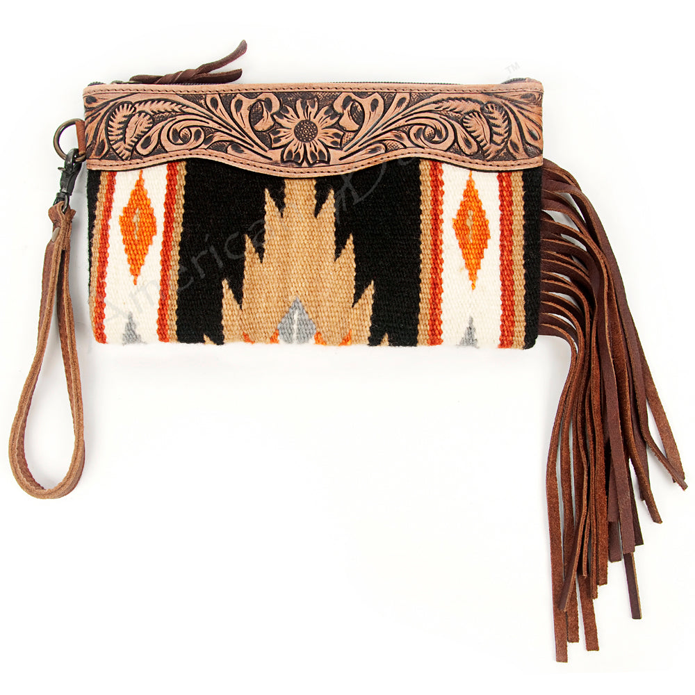 ADBG344 Southwestern Wool Wristlet Clutch with Tooled Leather Trim & Fringe Tassel
