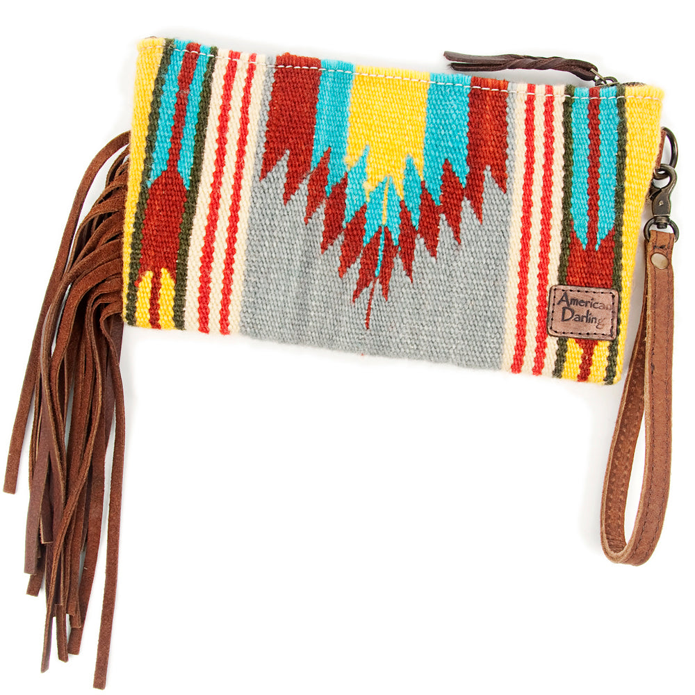 ADBG344 Southwestern Wool Wristlet Clutch with Tooled Leather Trim & Fringe Tassel