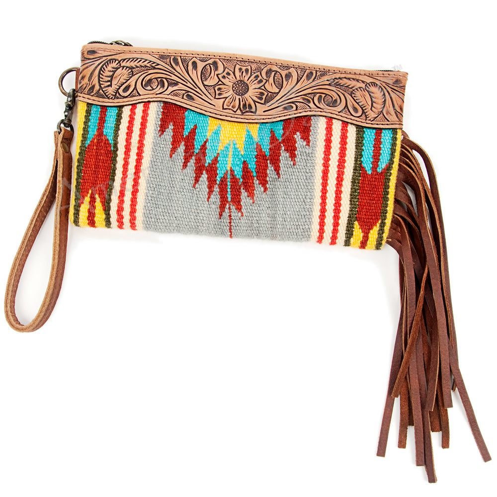 ADBG344 Southwestern Wool Wristlet Clutch with Tooled Leather Trim & Fringe Tassel