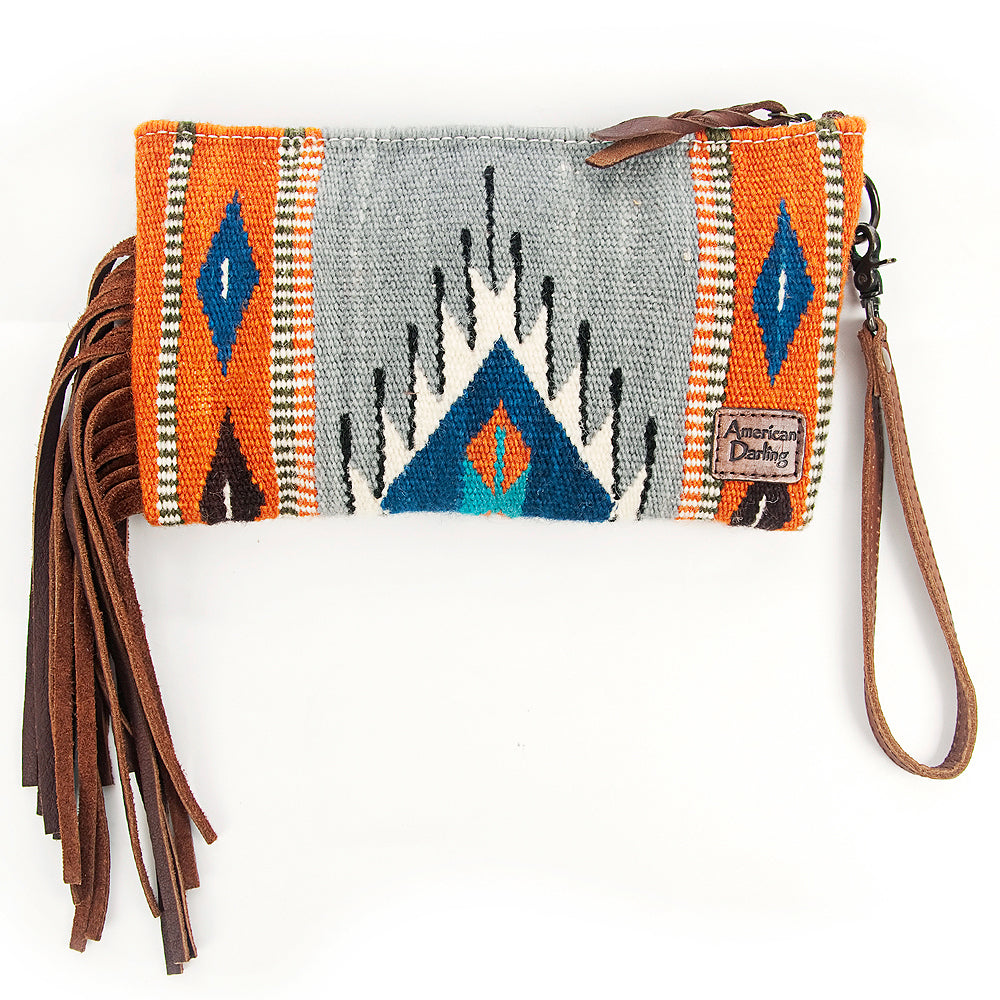 ADBG344 Tooled Leather Wristlet with Southwestern Wool Saddle Blanket & Fringe