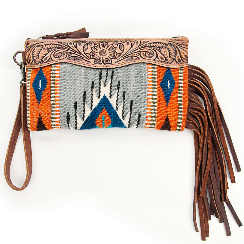 ADBG344 Tooled Leather Wristlet with Southwestern Wool Saddle Blanket & Fringe