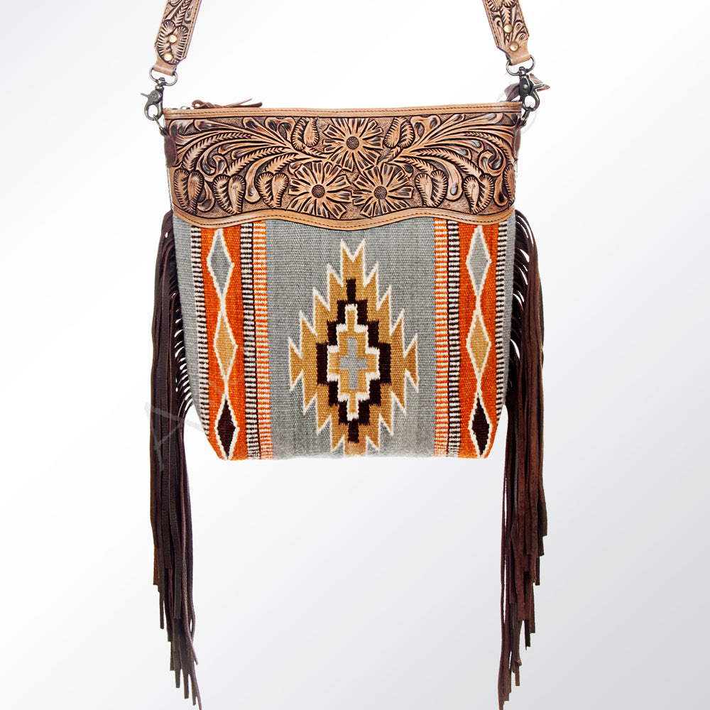 ADBG510 Tooled Leather & Saddle Blanket Crossbody Bag Belle Western Fringe Purse by American Darling