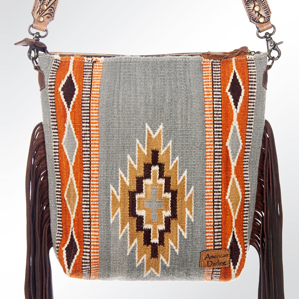 ADBG510 Tooled Leather & Saddle Blanket Crossbody Bag Belle Western Fringe Purse by American Darling