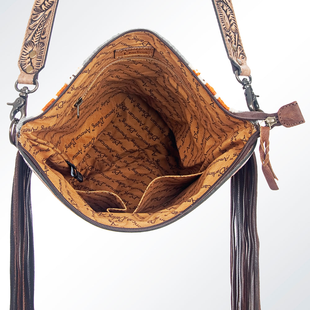 ADBG510 Tooled Leather & Saddle Blanket Crossbody Bag Belle Western Fringe Purse by American Darling