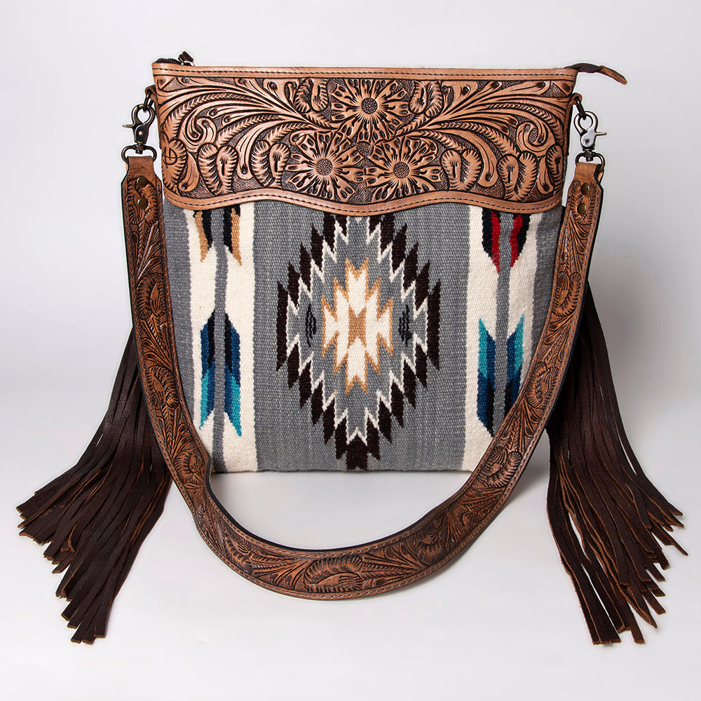 ADBG510 Tooled Leather & Saddle Blanket Crossbody Bag Belle Western Fringe Purse by American Darling
