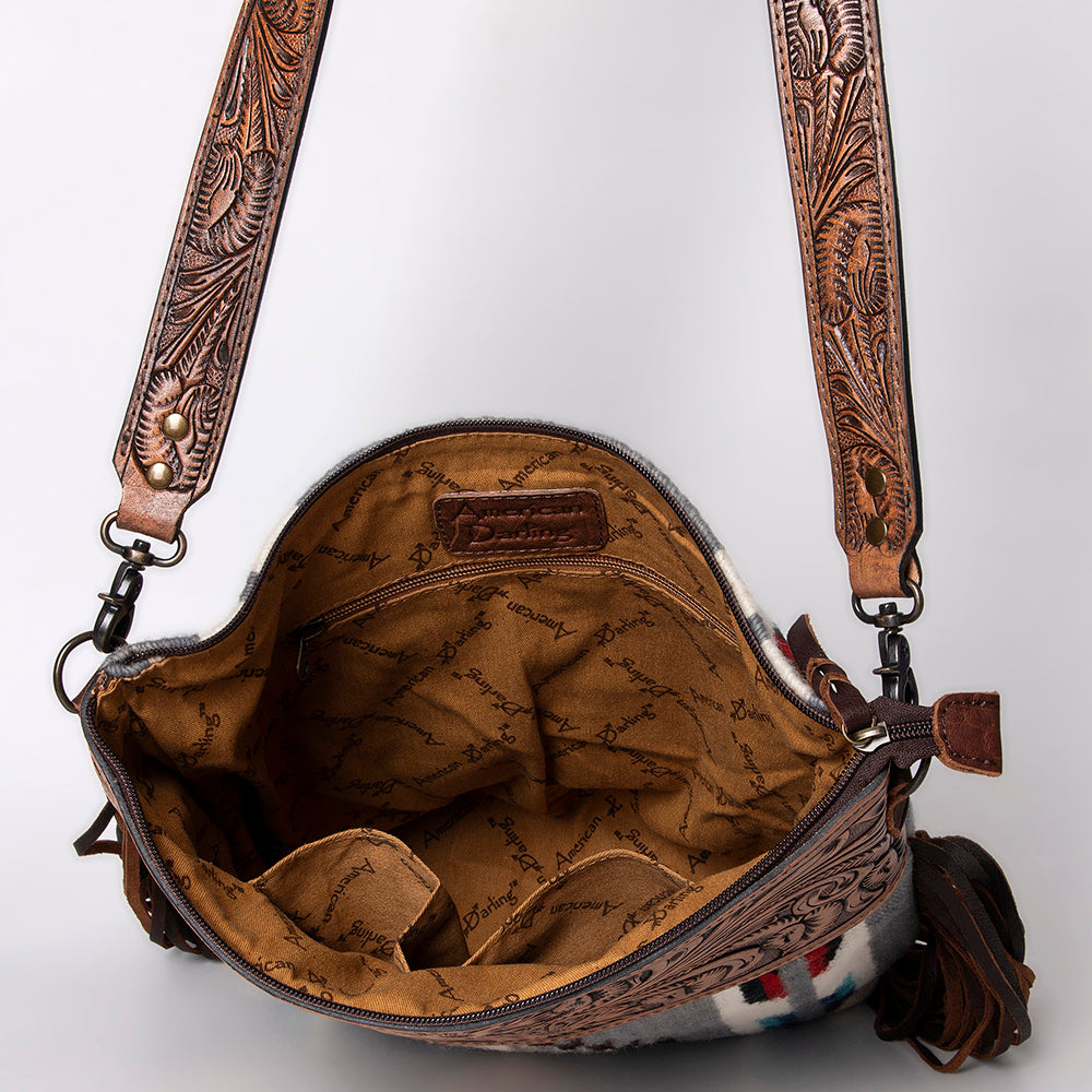 ADBG510 Tooled Leather & Saddle Blanket Crossbody Bag Belle Western Fringe Purse by American Darling