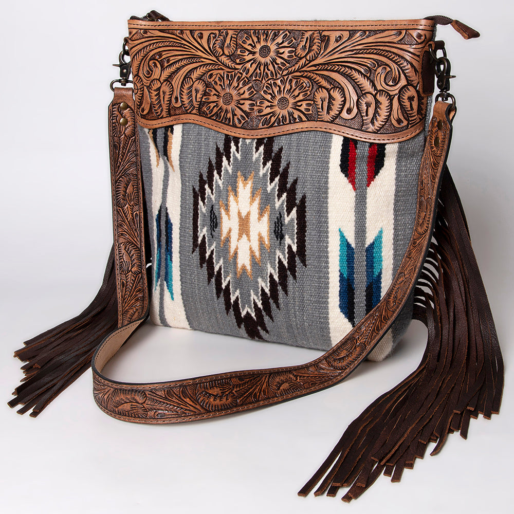 ADBG510 Tooled Leather & Saddle Blanket Crossbody Bag Belle Western Fringe Purse by American Darling