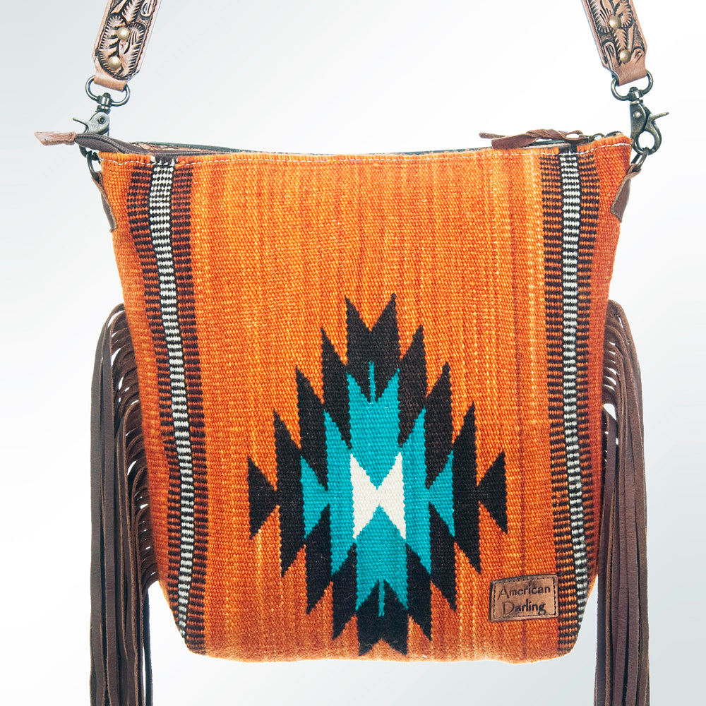 ADBG510 Tooled Leather & Saddle Blanket Crossbody Bag Belle Western Fringe Purse by American Darling