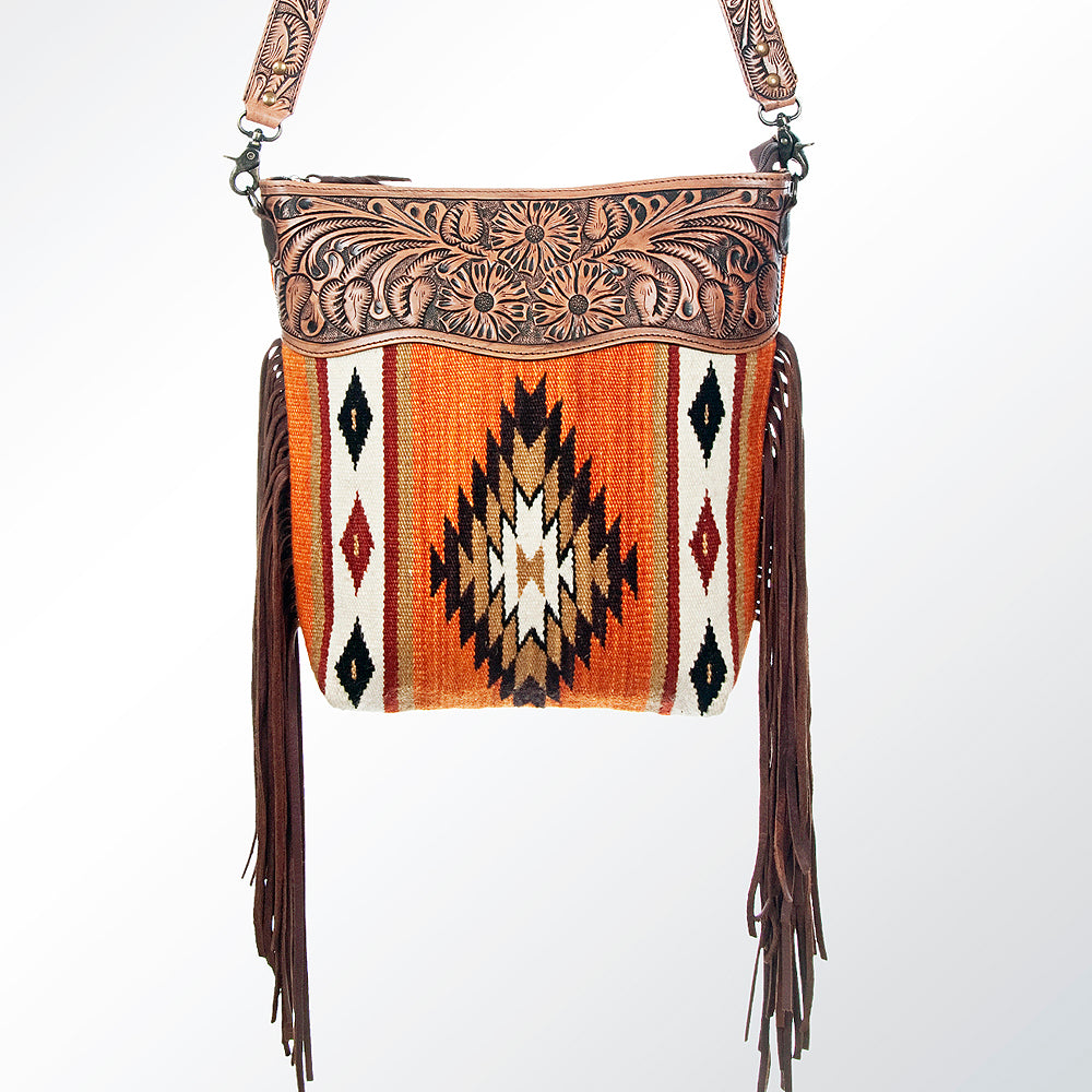 ADBG510 Tooled Leather & Saddle Blanket Crossbody Bag - Western Fringe Purse by American Darling