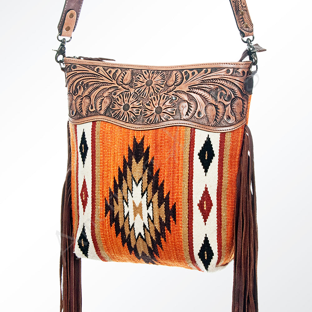 ADBG510 Tooled Leather & Saddle Blanket Crossbody Bag - Western Fringe Purse by American Darling