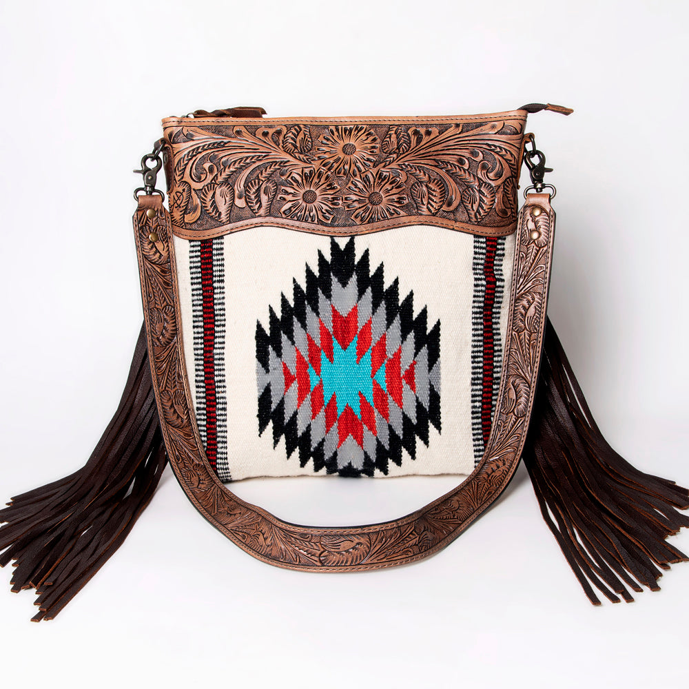 ADBG510 Tooled Leather & Saddle Blanket Crossbody Bag - Western Fringe Purse by American Darling