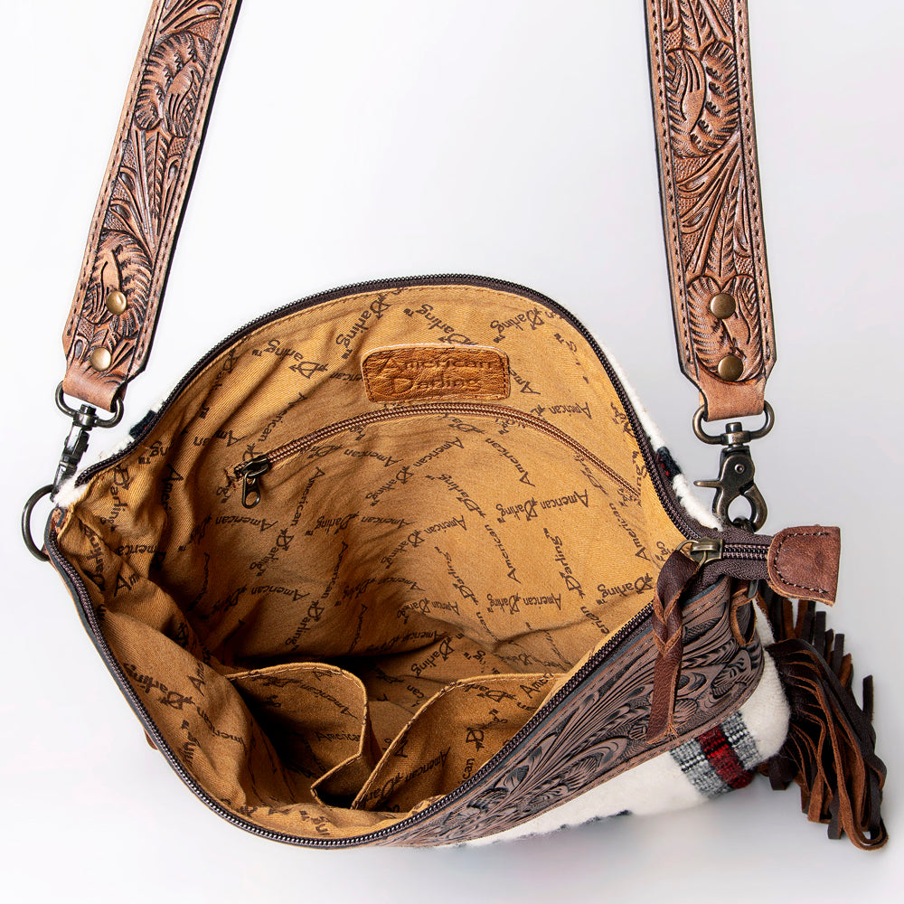 ADBG510 Tooled Leather & Saddle Blanket Crossbody Bag - Western Fringe Purse by American Darling