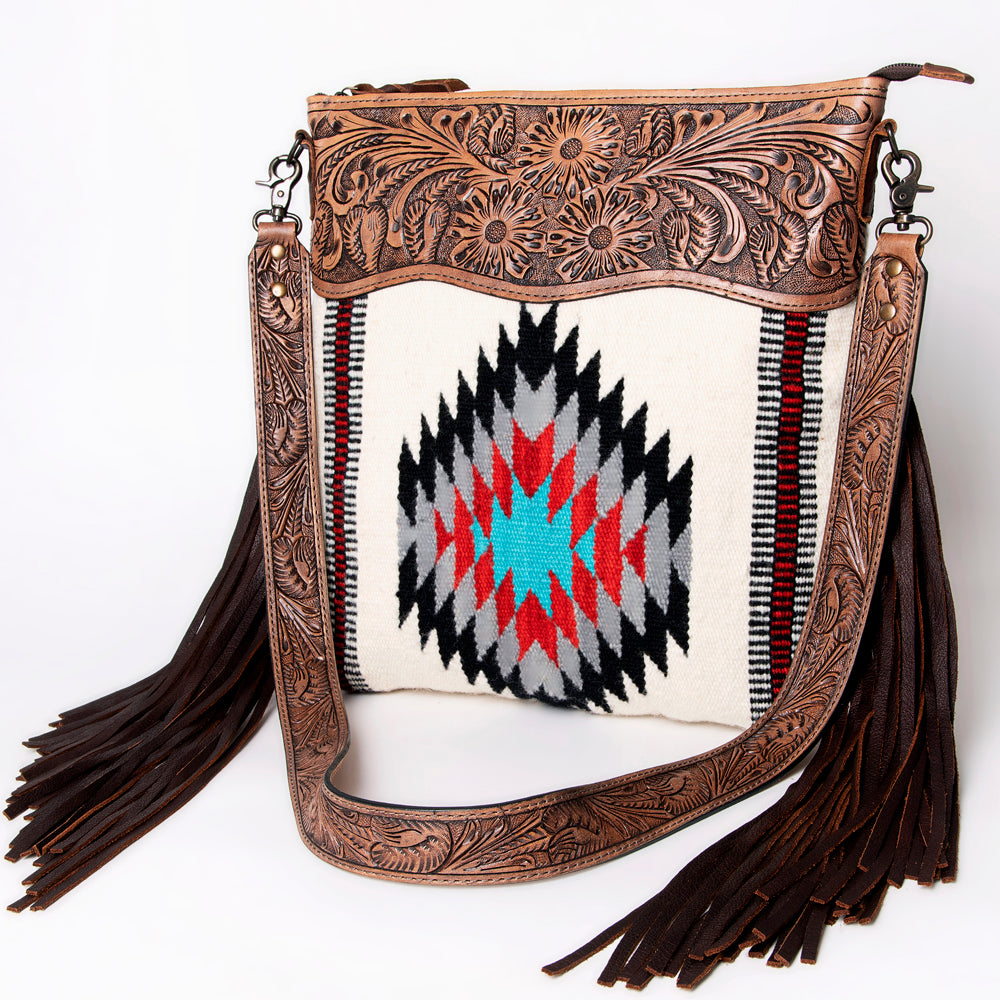 ADBG510 Tooled Leather & Saddle Blanket Crossbody Bag - Western Fringe Purse by American Darling