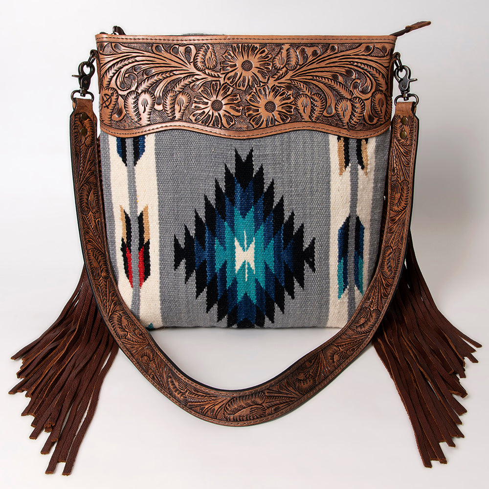 ADBG510 Tooled Leather & Saddle Blanket Crossbody Bag - Western Fringe Purse by American Darling