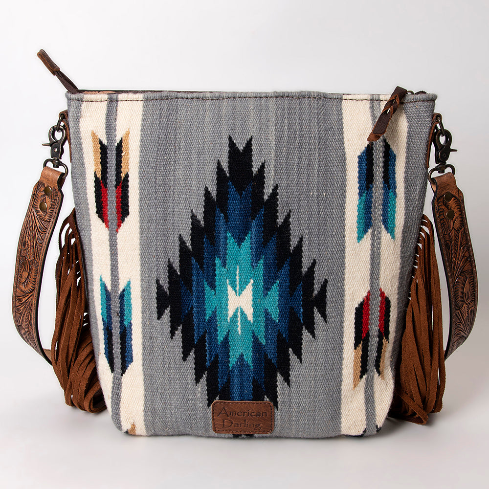ADBG510 Tooled Leather & Saddle Blanket Crossbody Bag - Western Fringe Purse by American Darling