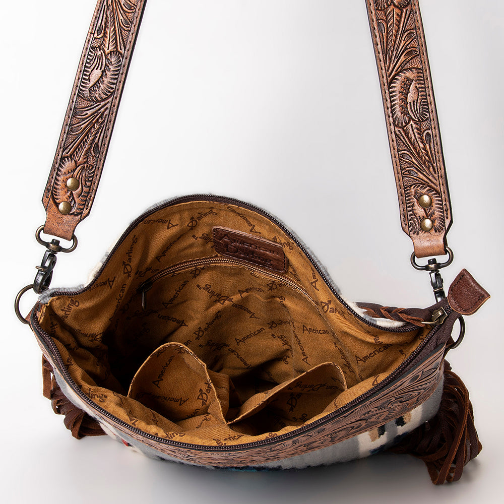 ADBG510 Tooled Leather & Saddle Blanket Crossbody Bag - Western Fringe Purse by American Darling