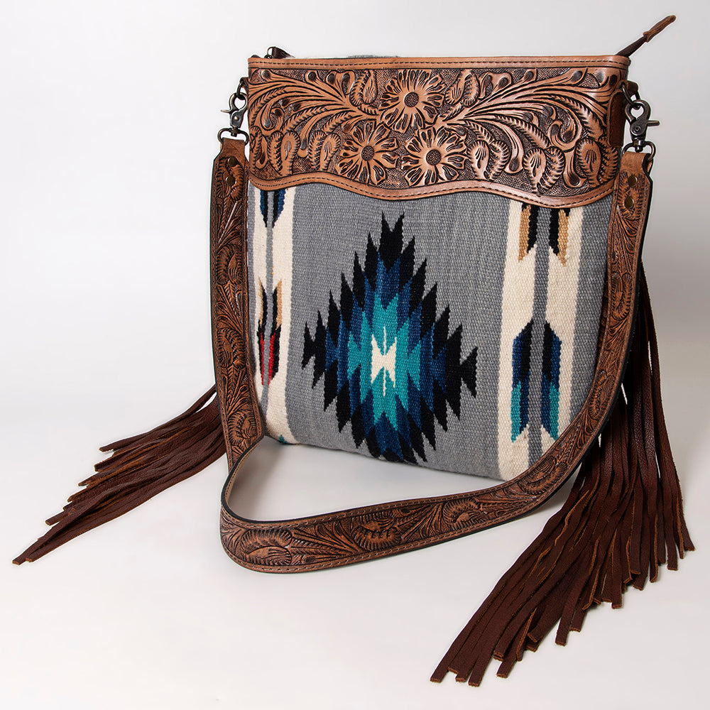 ADBG510 Tooled Leather & Saddle Blanket Crossbody Bag - Western Fringe Purse by American Darling