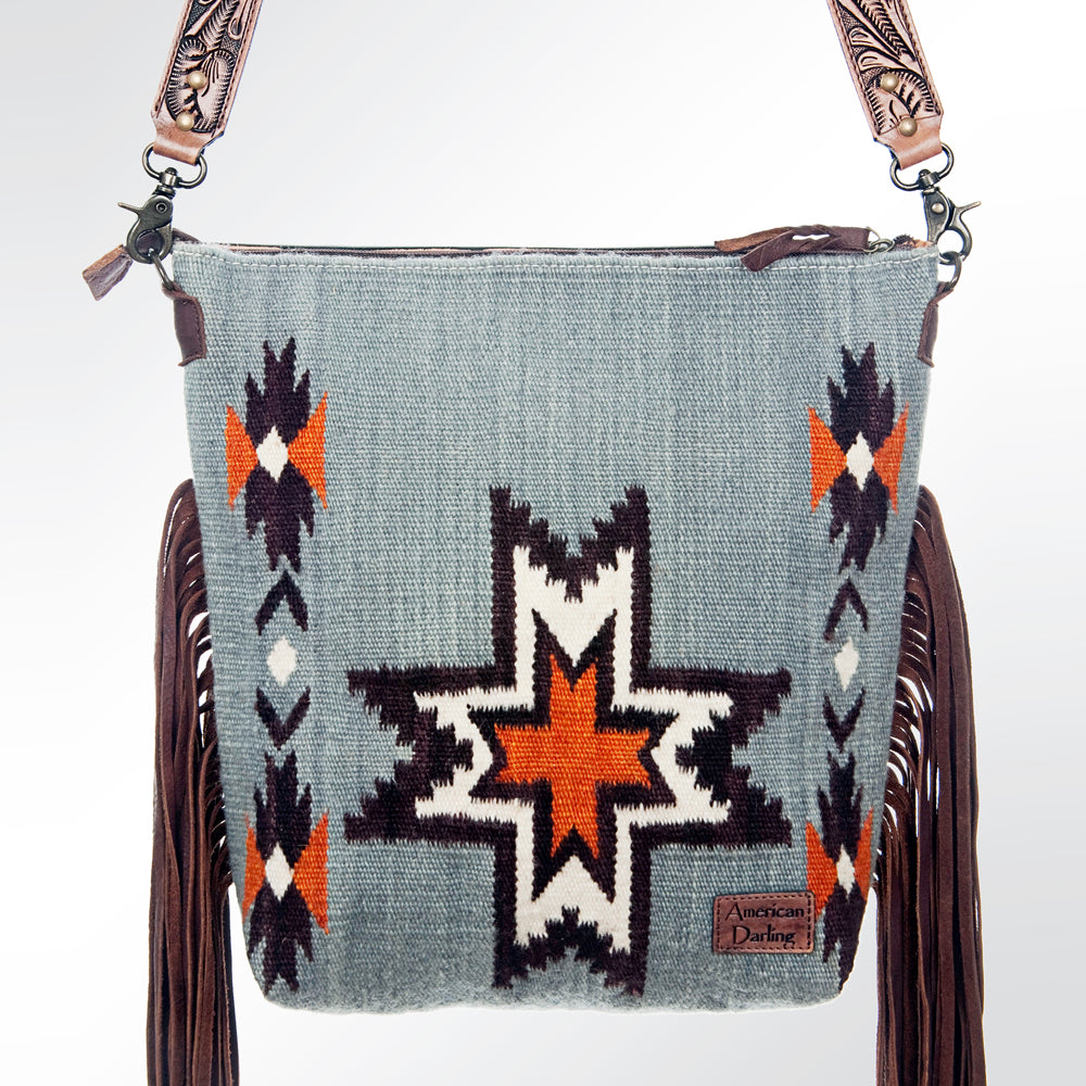 ADBG510 Tooled Leather & Saddle Blanket Crossbody Bag - Western Fringe Purse by American Darling
