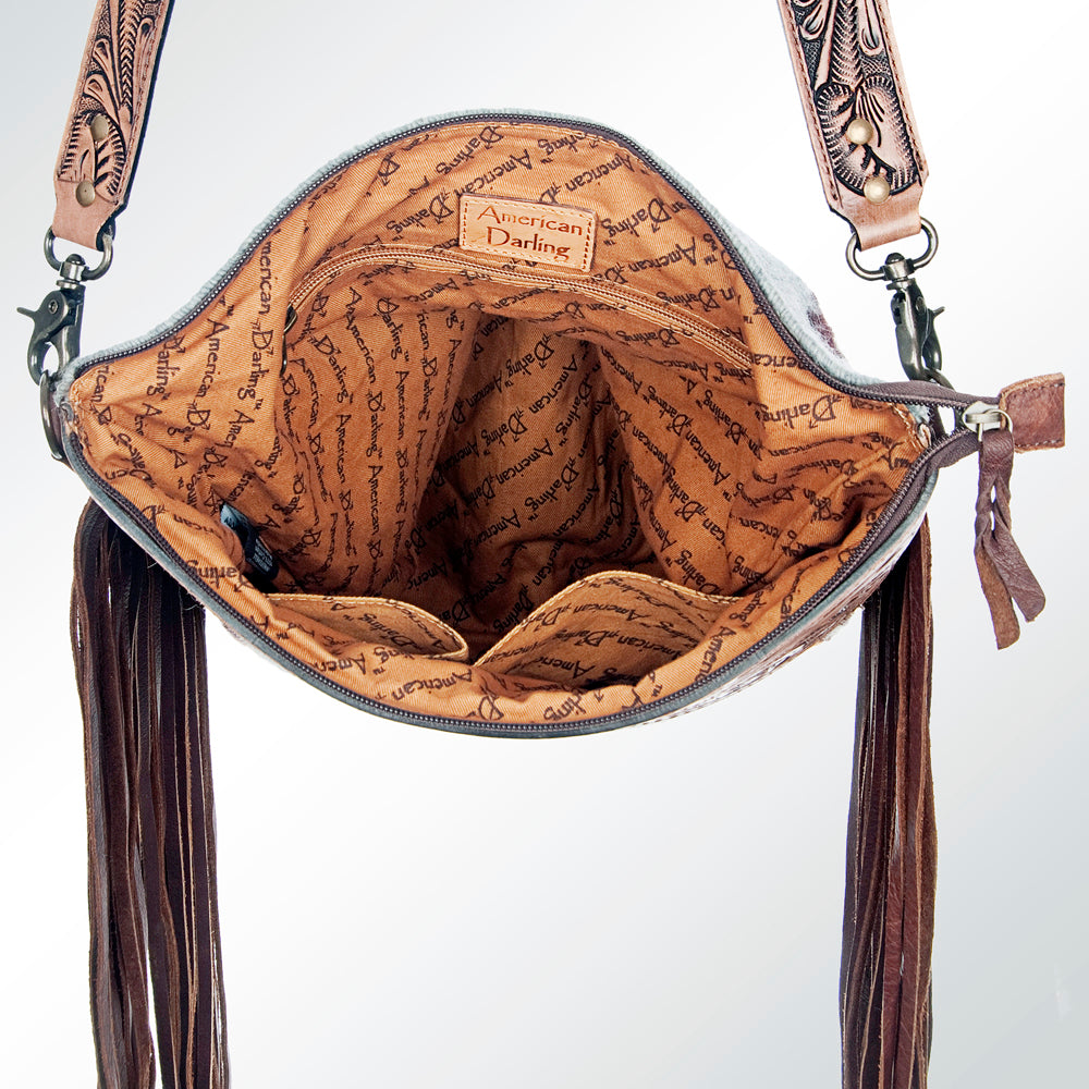 ADBG510 Tooled Leather & Saddle Blanket Crossbody Bag - Western Fringe Purse by American Darling