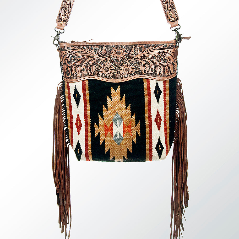 ADBG510 Tooled Leather & Saddle Blanket Crossbody Bag Belle Western Fringe Purse by American Darling