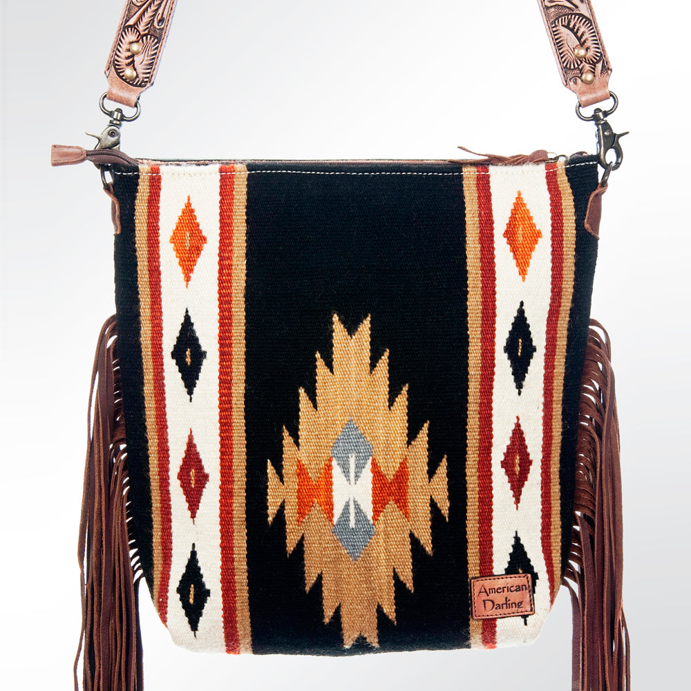 ADBG510 Tooled Leather & Saddle Blanket Crossbody Bag Belle Western Fringe Purse by American Darling