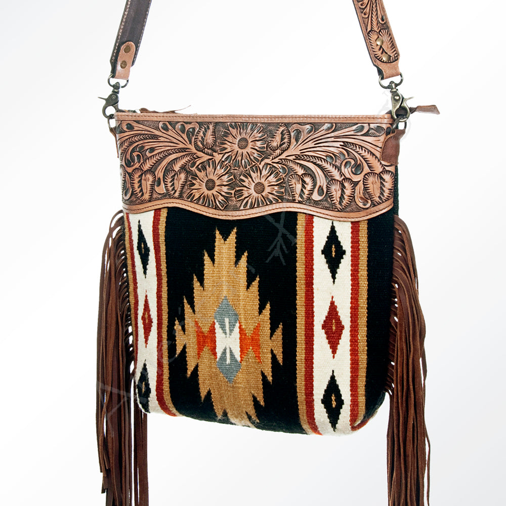 ADBG510 Tooled Leather & Saddle Blanket Crossbody Bag Belle Western Fringe Purse by American Darling