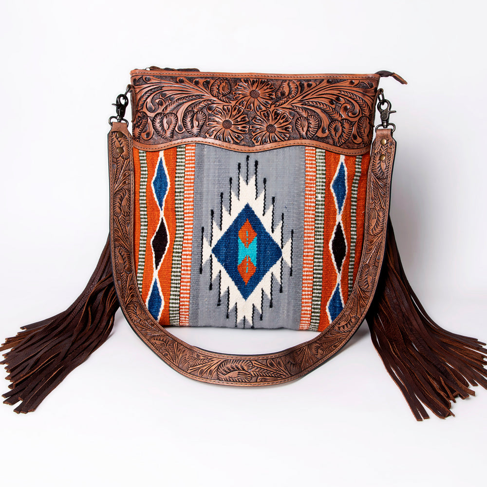 ADBG510 Tooled Leather & Saddle Blanket Crossbody Bag Belle Western Fringe Purse by American Darling