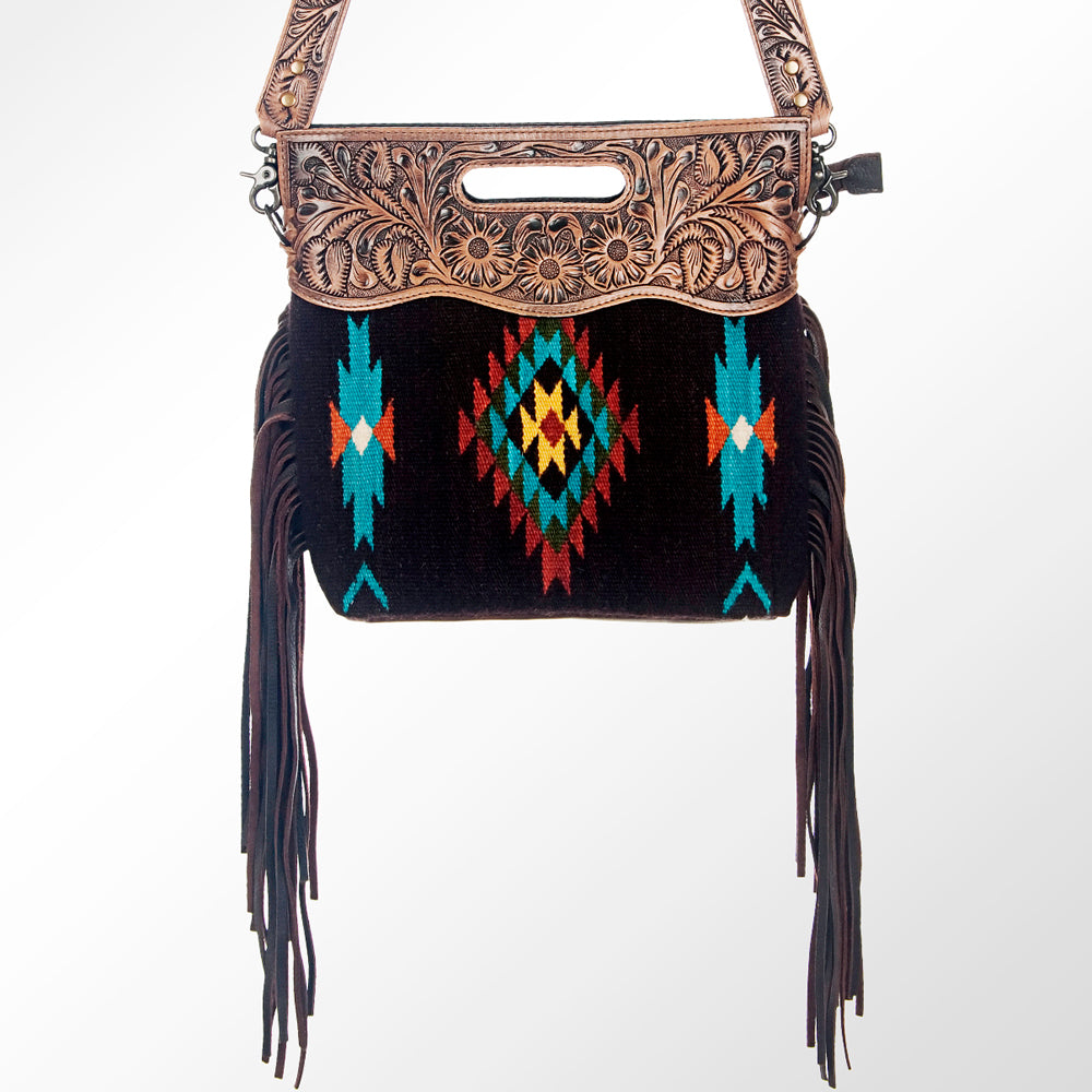LC-ADBG610 Southwestern Wool Crossbody bag with Tooled Leather Yoke & Fringe Western Cutout Handle Crossbody