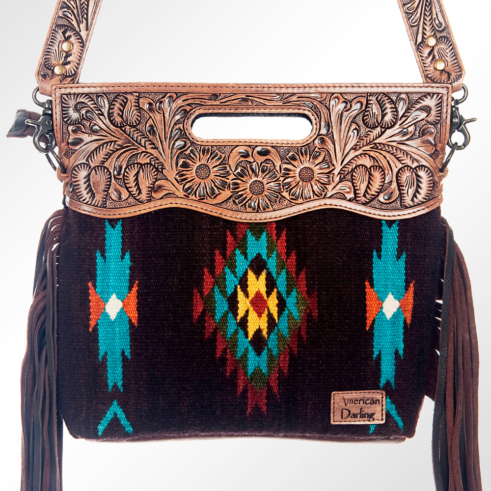LC-ADBG610 Southwestern Wool Crossbody bag with Tooled Leather Yoke & Fringe Western Cutout Handle Crossbody