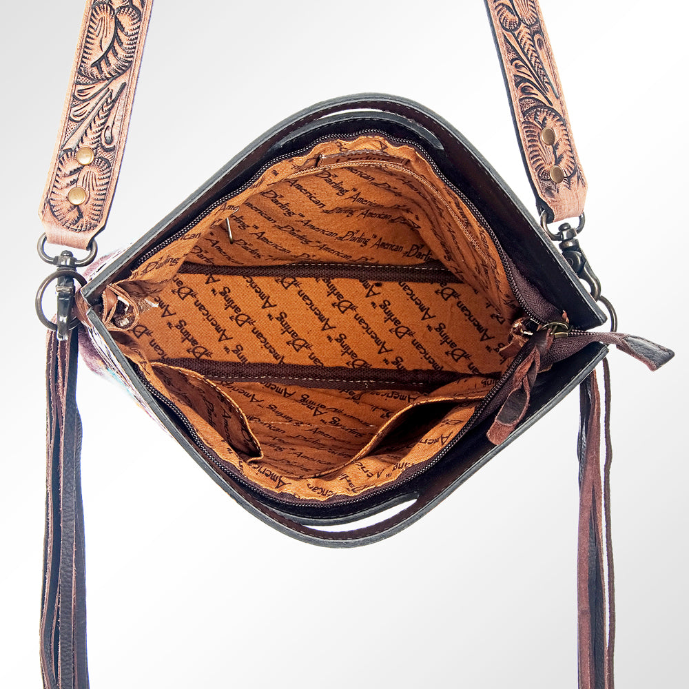 LC-ADBG610 Southwestern Wool Crossbody bag with Tooled Leather Yoke & Fringe Western Cutout Handle Crossbody