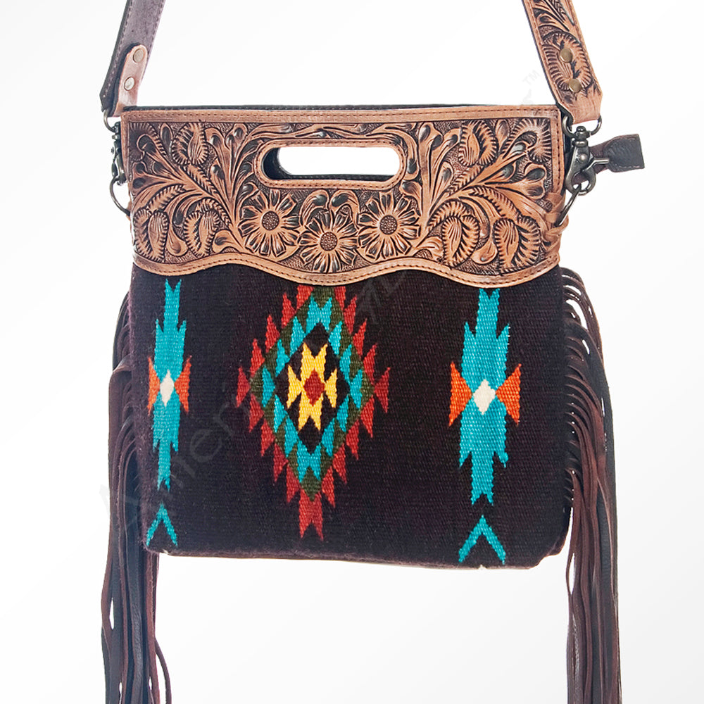 LC-ADBG610 Southwestern Wool Crossbody bag with Tooled Leather Yoke & Fringe Western Cutout Handle Crossbody
