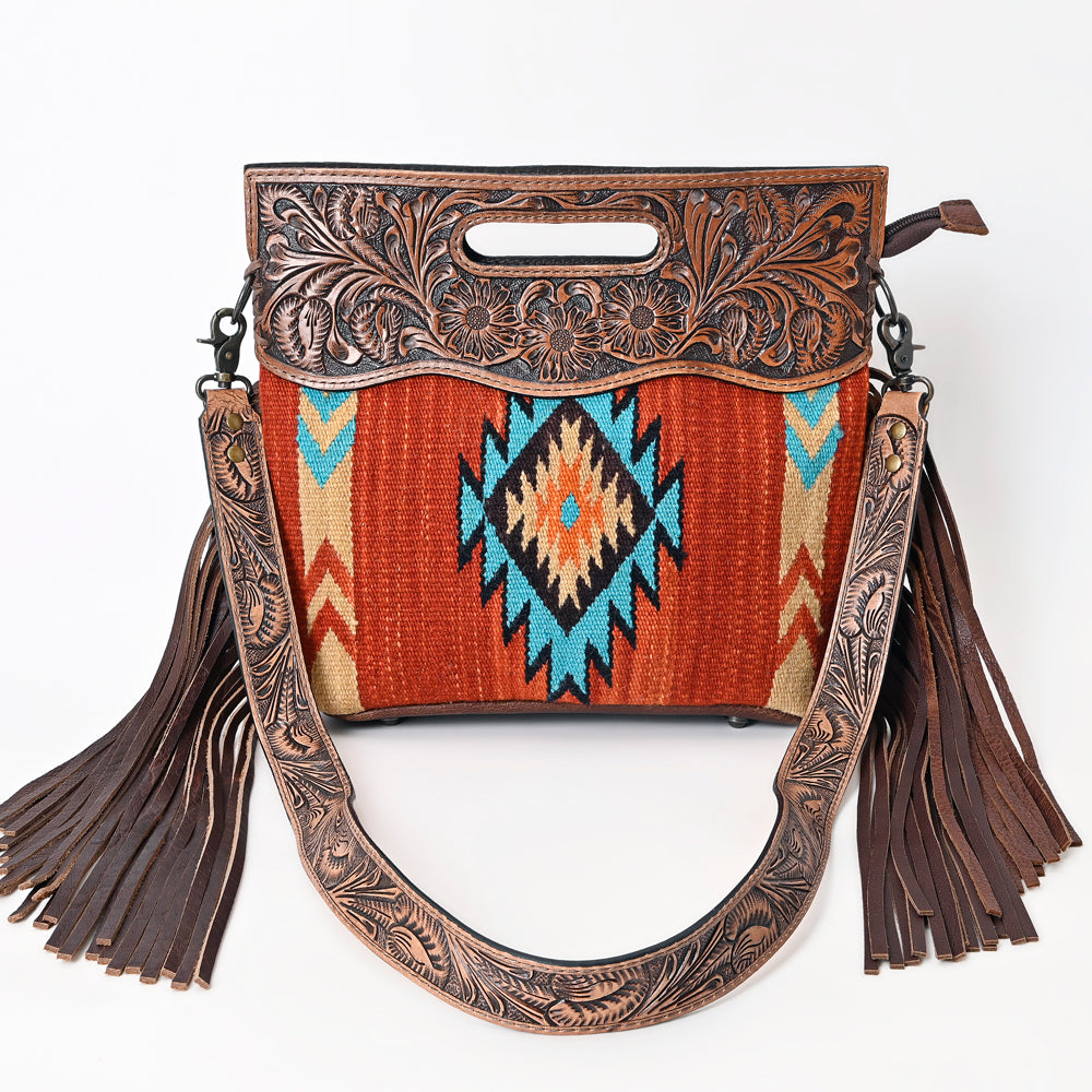 LC-ADBG610 Southwestern Wool Crossbody bag with Tooled Leather Yoke & Fringe Western Cutout Handle Crossbody