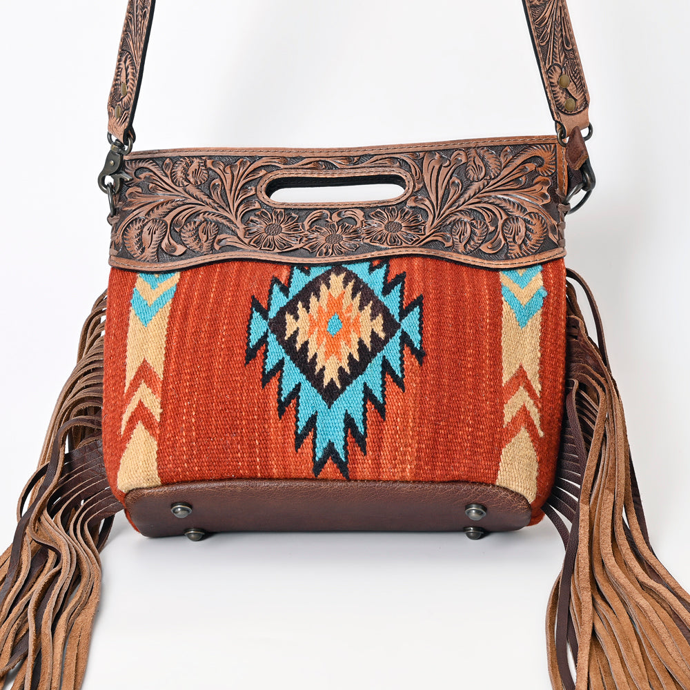 LC-ADBG610 Southwestern Wool Crossbody bag with Tooled Leather Yoke & Fringe Western Cutout Handle Crossbody