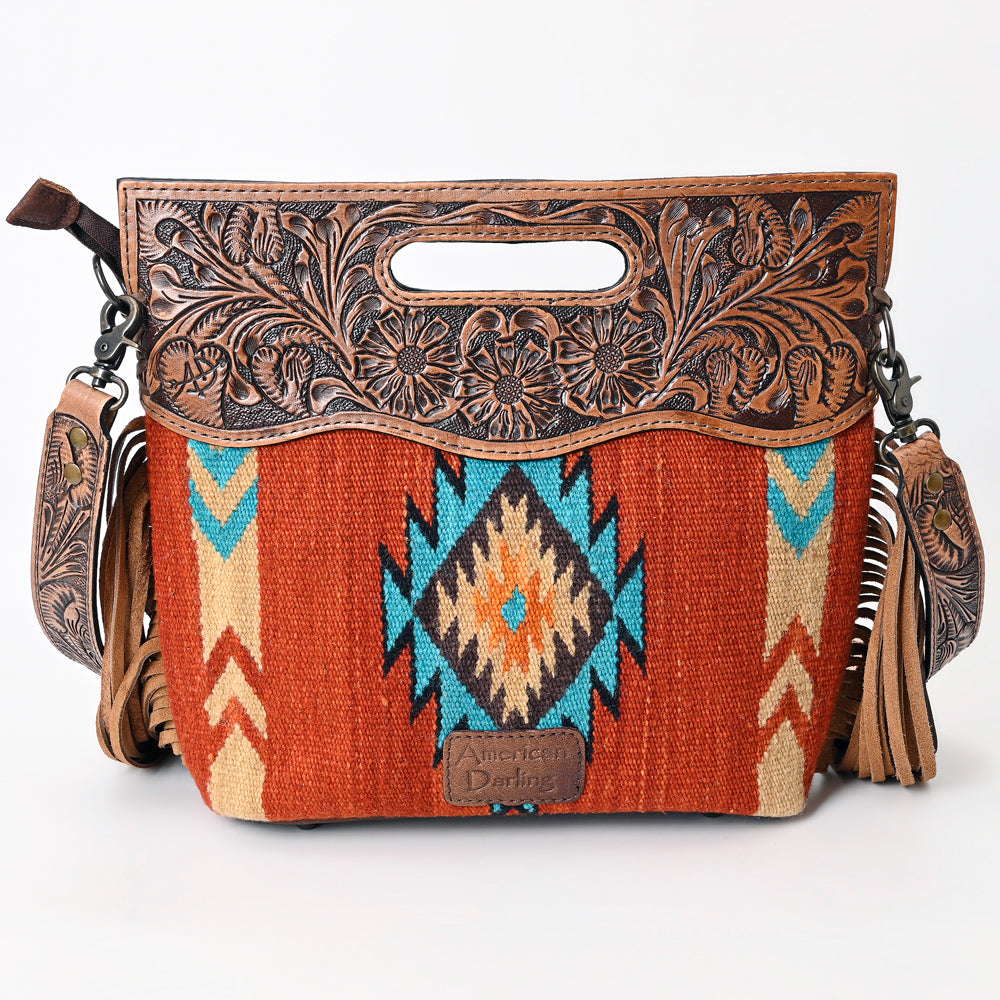 LC-ADBG610 Southwestern Wool Crossbody bag with Tooled Leather Yoke & Fringe Western Cutout Handle Crossbody