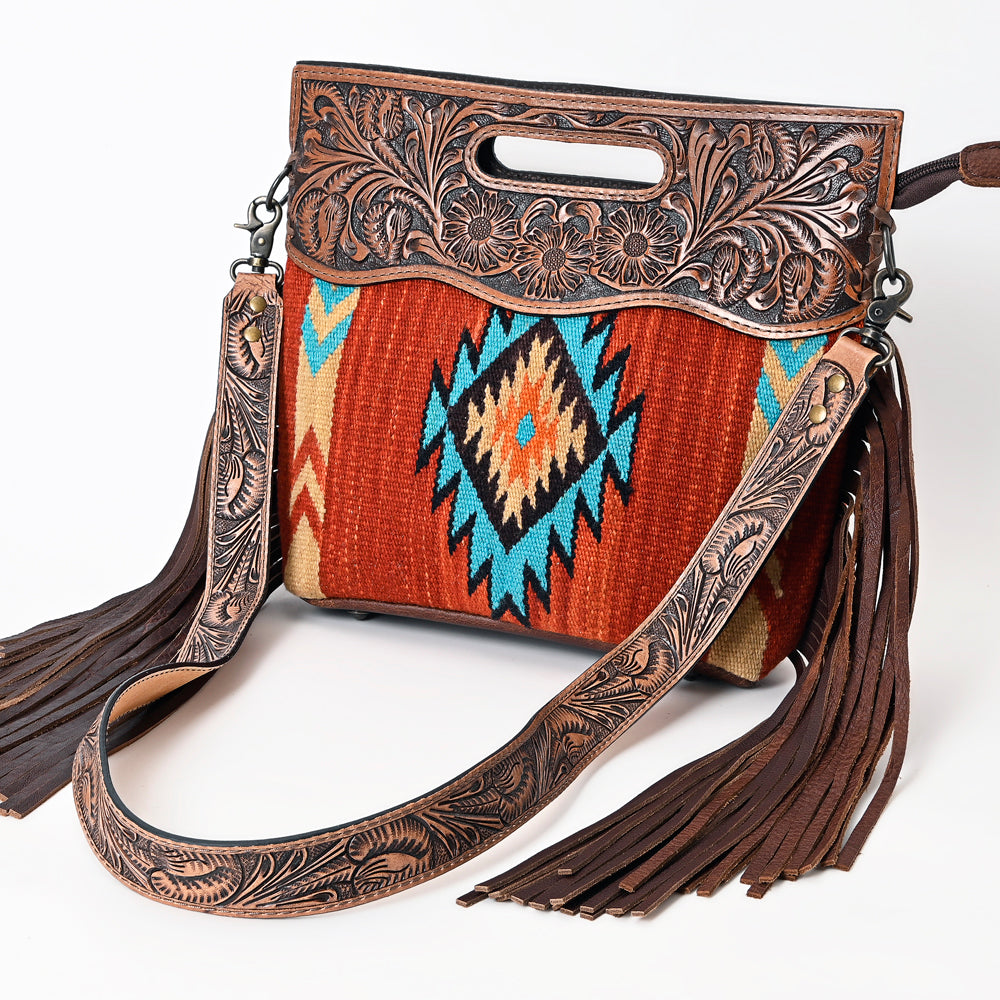 LC-ADBG610 Southwestern Wool Crossbody bag with Tooled Leather Yoke & Fringe Western Cutout Handle Crossbody