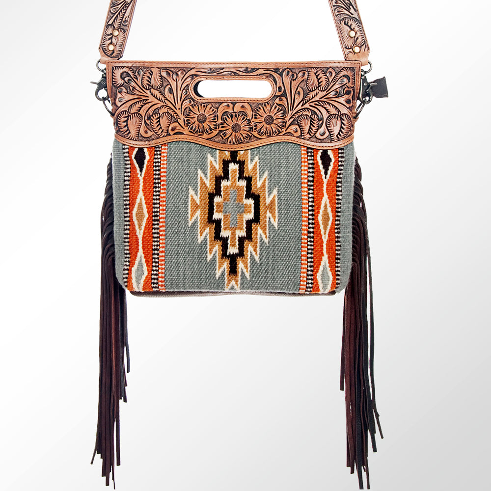 LC-ADBG610 Southwestern Wool Crossbody bag with Tooled Leather Yoke & Fringe Western Cutout Handle Crossbody