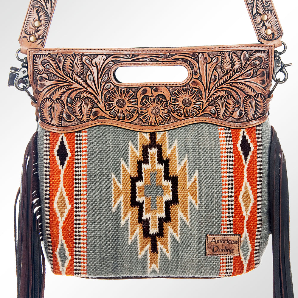 LC-ADBG610 Southwestern Wool Crossbody bag with Tooled Leather Yoke & Fringe Western Cutout Handle Crossbody