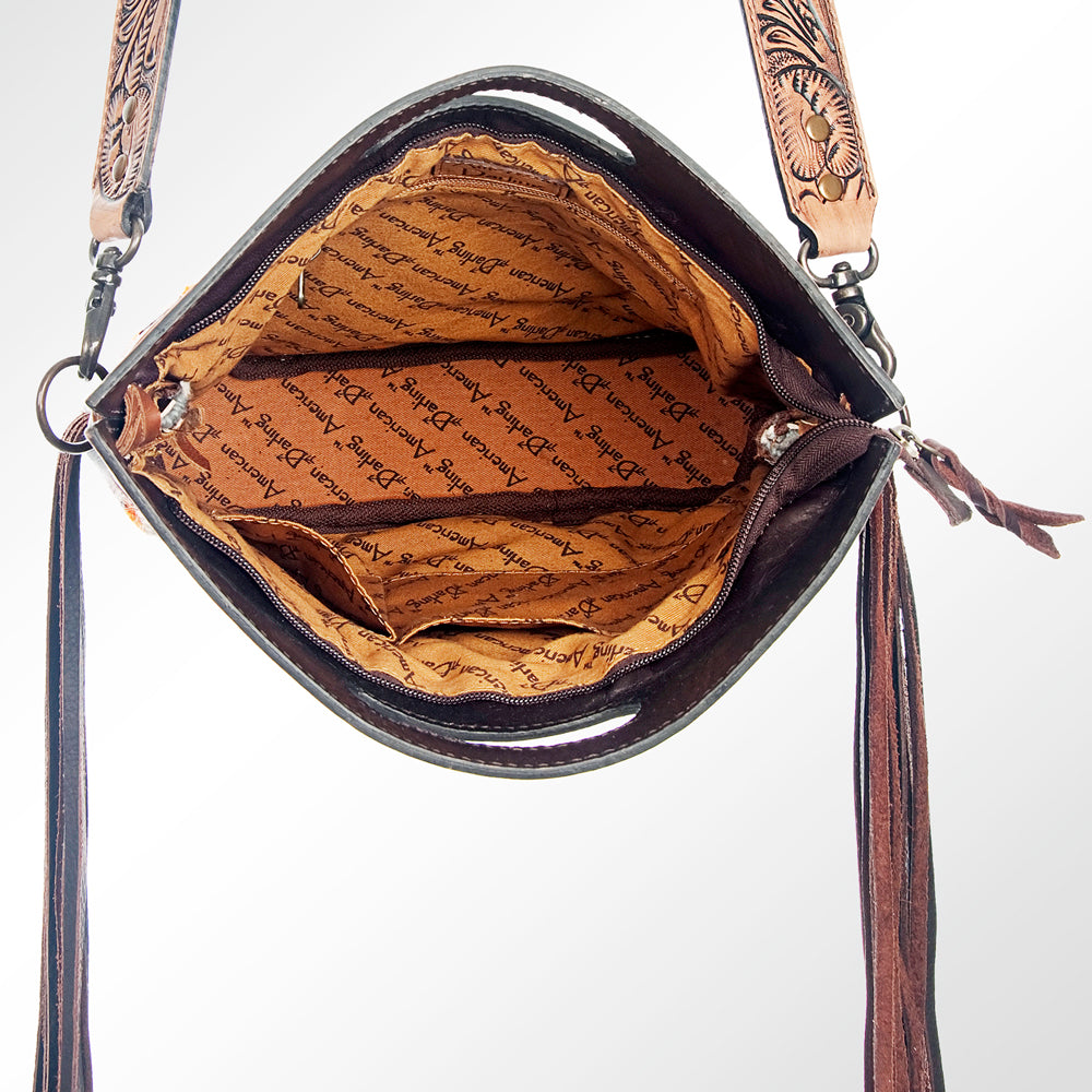 LC-ADBG610 Southwestern Wool Crossbody bag with Tooled Leather Yoke & Fringe Western Cutout Handle Crossbody