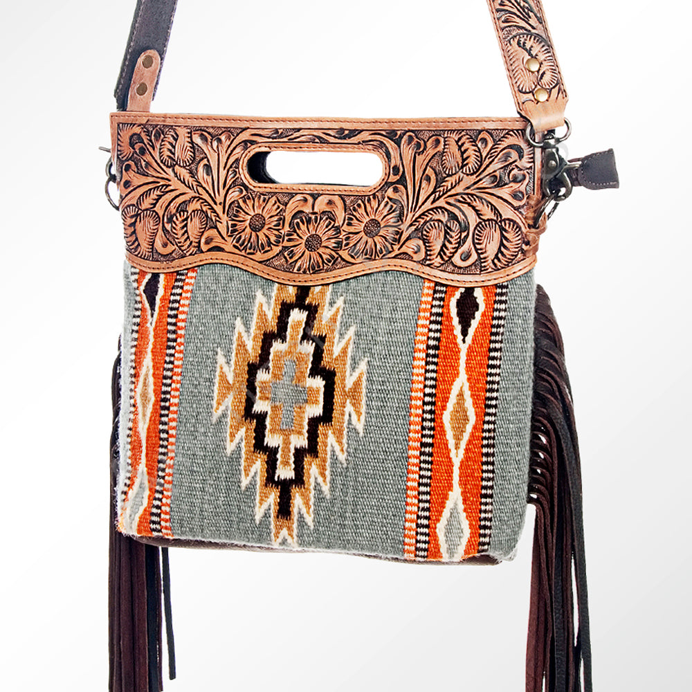 LC-ADBG610 Southwestern Wool Crossbody bag with Tooled Leather Yoke & Fringe Western Cutout Handle Crossbody