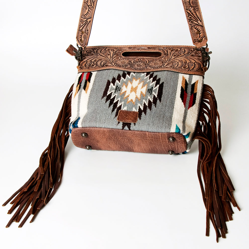 LC-ADBG610 Southwestern Wool Crossbody bag with Tooled Leather Yoke & Fringe Western Cutout Handle Crossbody