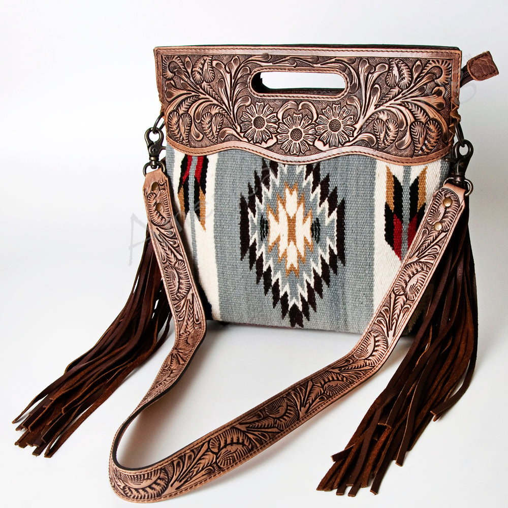 LC-ADBG610 Southwestern Wool Crossbody bag with Tooled Leather Yoke & Fringe Western Cutout Handle Crossbody