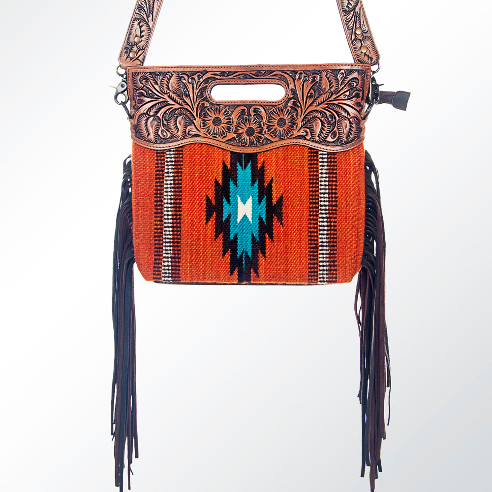 LC-ADBG610 Southwestern Wool Crossbody bag with Tooled Leather Yoke & Fringe Western Cutout Handle Crossbody
