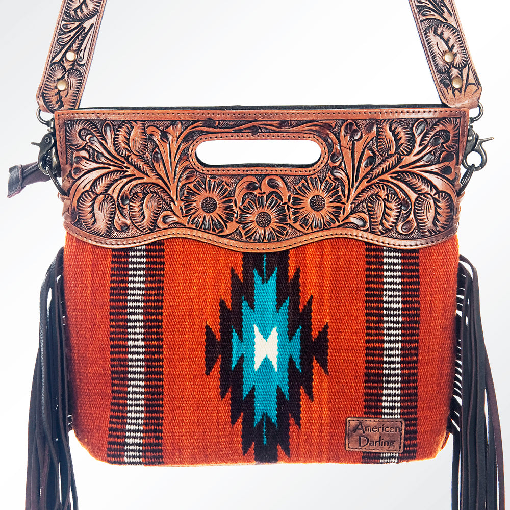 LC-ADBG610 Southwestern Wool Crossbody bag with Tooled Leather Yoke & Fringe Western Cutout Handle Crossbody
