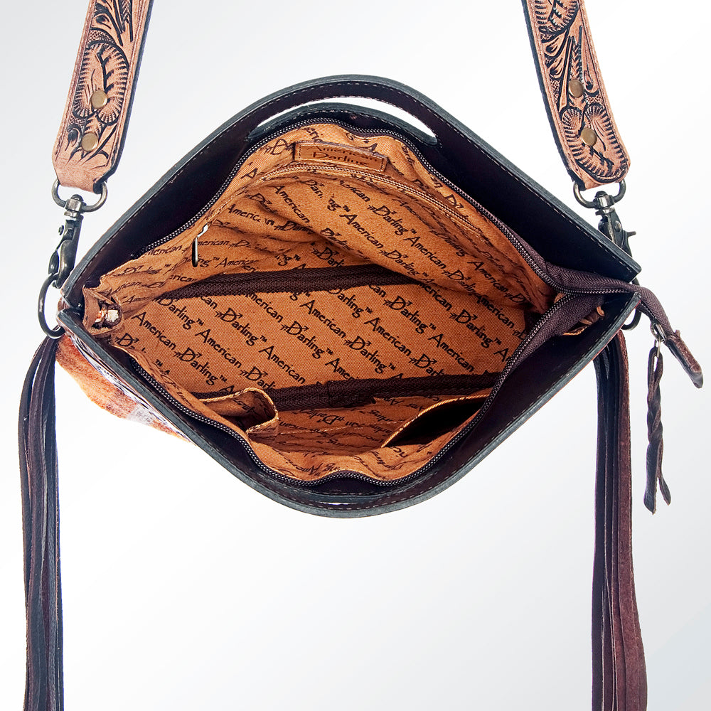 LC-ADBG610 Southwestern Wool Crossbody bag with Tooled Leather Yoke & Fringe Western Cutout Handle Crossbody