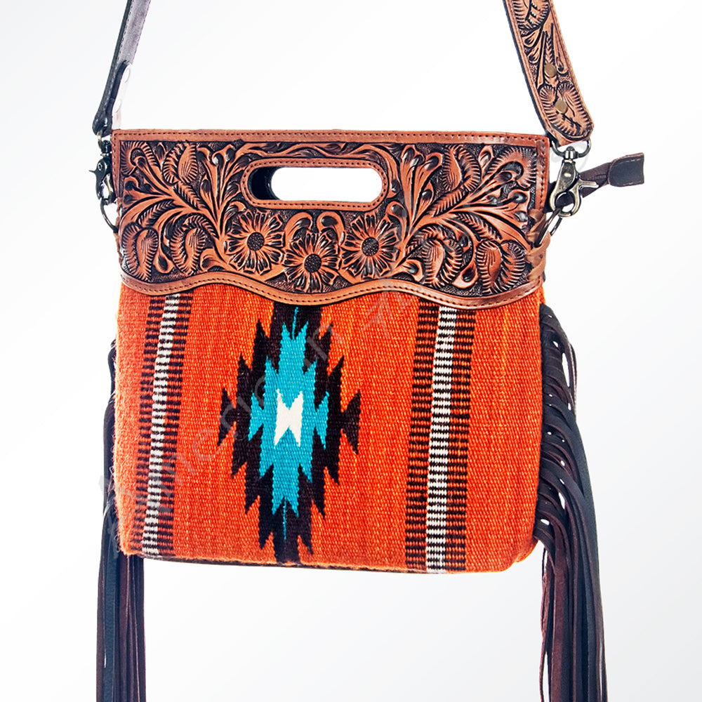 LC-ADBG610 Southwestern Wool Crossbody bag with Tooled Leather Yoke & Fringe Western Cutout Handle Crossbody