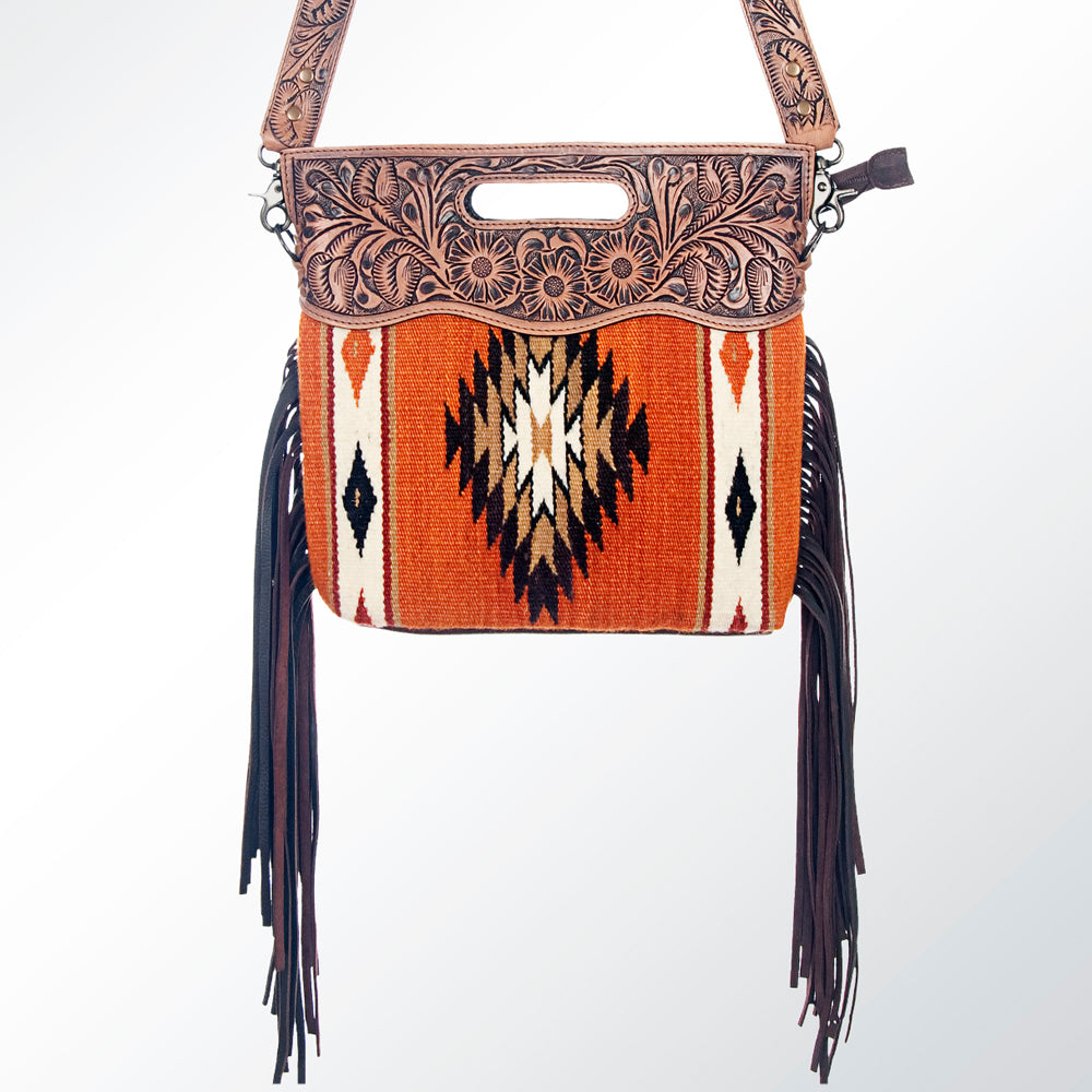 LC-ADBG610 Southwestern Wool Crossbody bag with Tooled Leather Yoke & Fringe Western Cutout Handle Crossbody